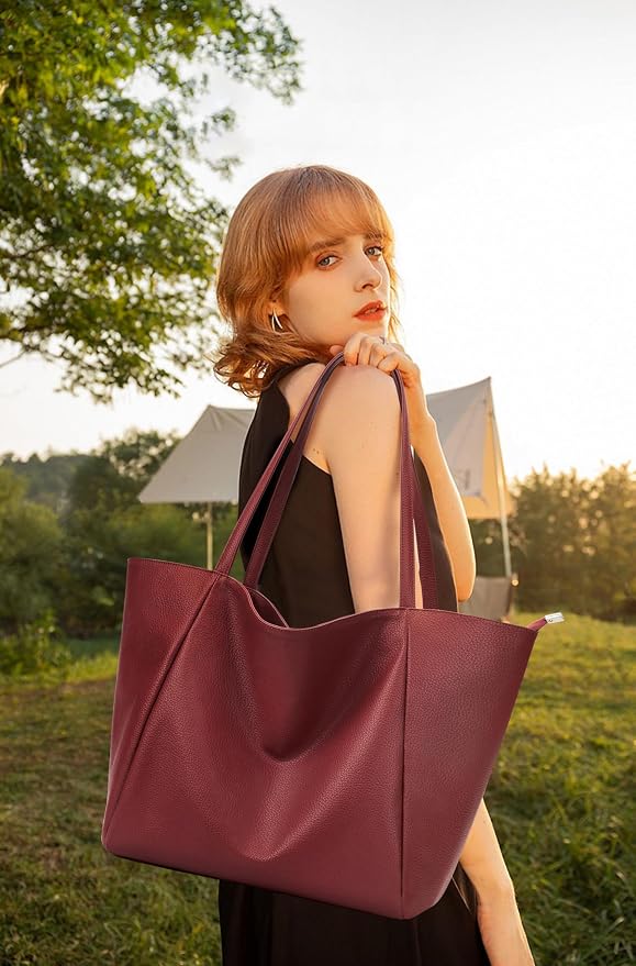 KALIDI Large Tote Bag Vegan Leather Casual Zipper Work Bag Weekender Hobo - Image 7