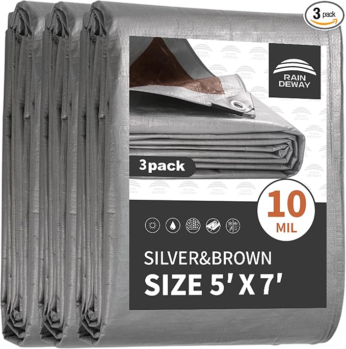 Tarps Heavy Duty Waterproof 5x7 Feet, 10Mil Multipurpose Small Tarp Cover by RAINDEWAY