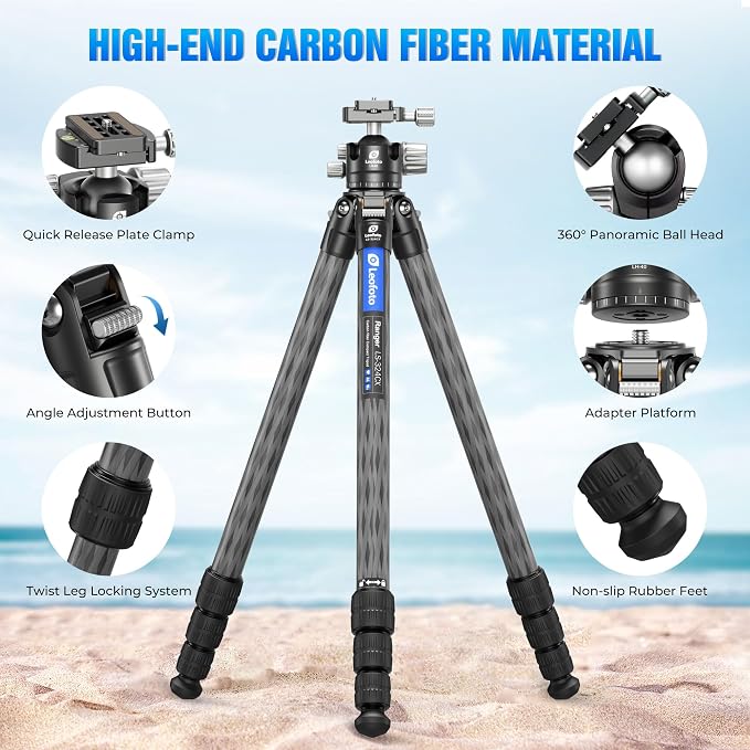 71" Travel Tripod Carbon Fiber for Camera, Compact Lightweight Tripod - Image 2