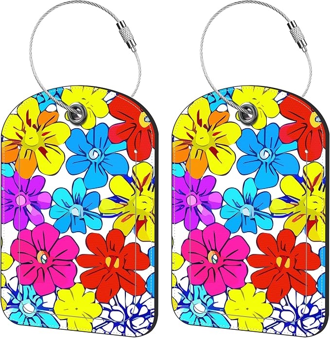 2 Pack Cute Luggage Tag for Suitcases Beautiful Bright Flowers Leather Luggage by iapodiad