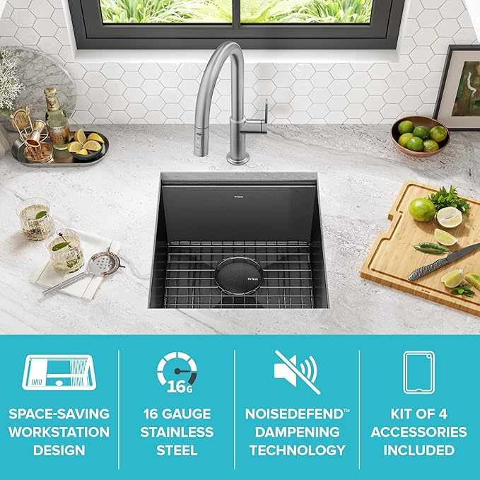 KRAUS Kore Workstation 17-inch Undermount 16 Gauge Black Stainless Kitchen Sink - Image 3