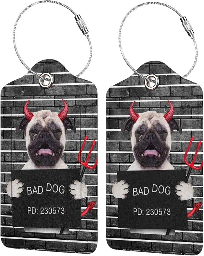 2 Pack Luggage Tags for Suitcase, Devil Pug Dog PU Leather Travel Luggage Tag by South+Feather