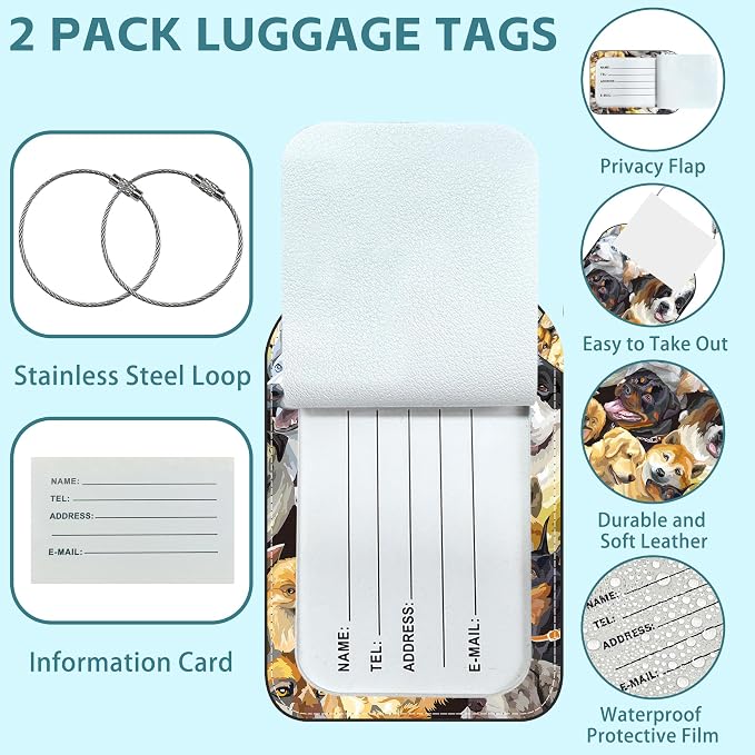 2 Pack Cute Luggage Tag for Suitcases Dogs Breeds Portraits Leather Luggage Tags - Image 2