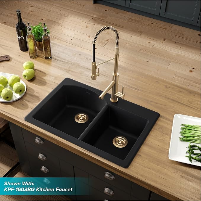 KRAUS Forteza™ 33” Dual Mount 60/40 Double Bowl Granite Kitchen Sink in Black - Image 4