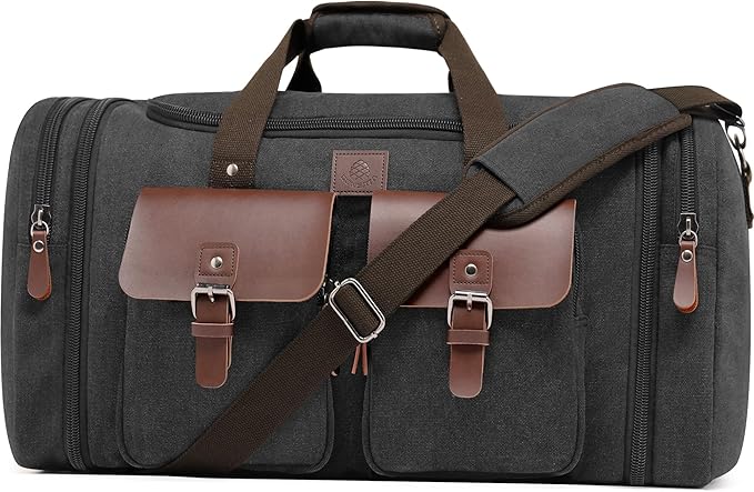 Canvas Duffle Bag for Men 60L Travel Duffel Bags Expandable Genuine Leather by DensataTravelBag
