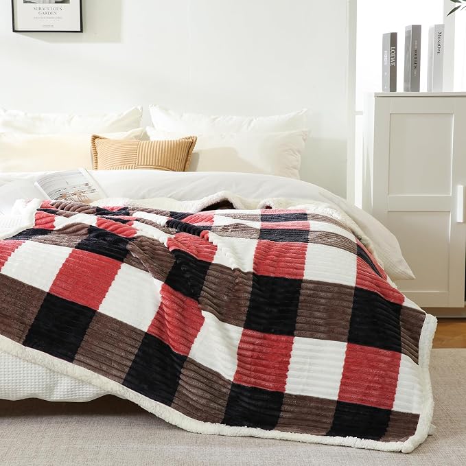 PU MEI Sherpa Blanket Twin Plaid Thick Bed Blanket, 80”*90”Super Soft Flannel - Image 2