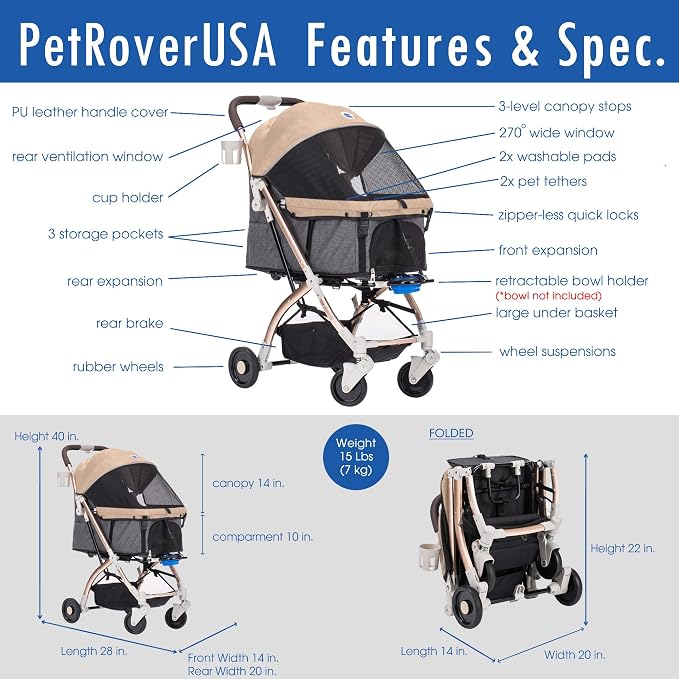 HPZ-PR America Pet Rover Lite Premium Light-Weight Dog/Cat/Pet Stroller Travel - Image 6