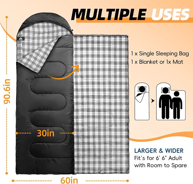 MEREZA Flannel Sleeping Bag for Adults XL, Large Wide Sleeping Bags for Camping - Image 2