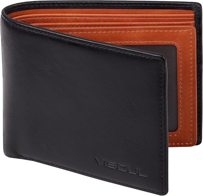 VISOUL Mens Bifold Wallet with 2 ID Windows and 2 Money Compartments, Genuine by VISOUL