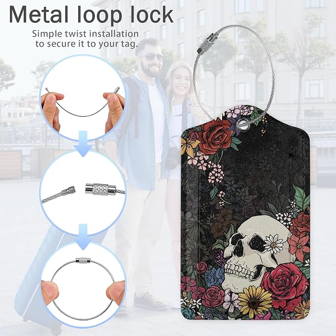 Skull Flowers Luggage Tags, 2 Pack Luggage Tag, Leather Privacy Cover ID Label - Image 5