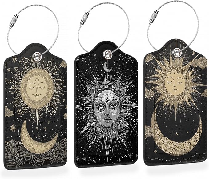 Vintage Boho Sun and Moon 3 PCS Luggage Tags, Leather Suitcase Tags by Losthll