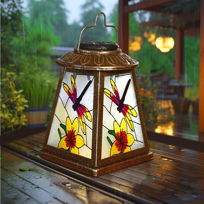 Dragonfly Solar Lantern with Shepherd Hook, Outdoor Hanging Metal LED Garden - Image 4