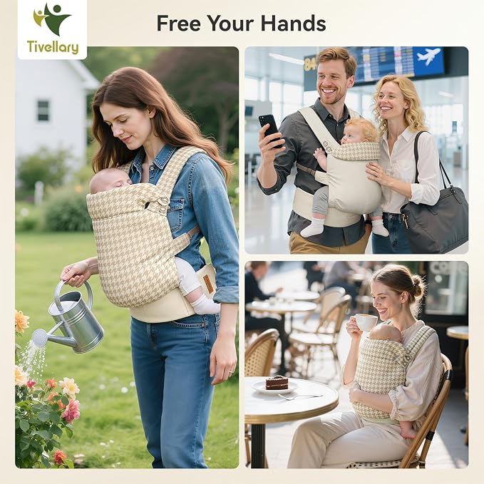 Reversible Baby Carrier, Khaki Solid & Houndstooth; Lightweight & Breathable - Image 8