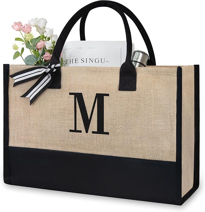 TOPDesign Initial Jute/Canvas Tote Bag, Personalized Present Bag, Suitable by TOPDesign