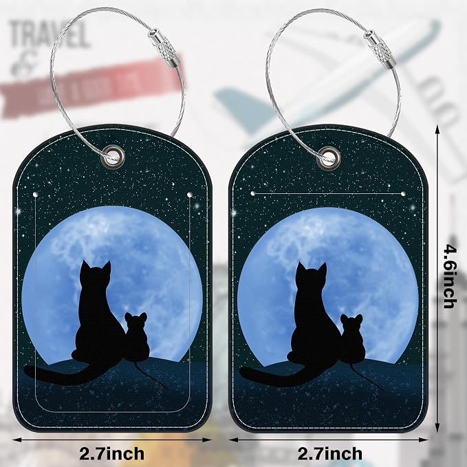 2 Pack Luggage Tag for Suitcase Cat Under The Moon Leather Suitcase Tags - Image 2