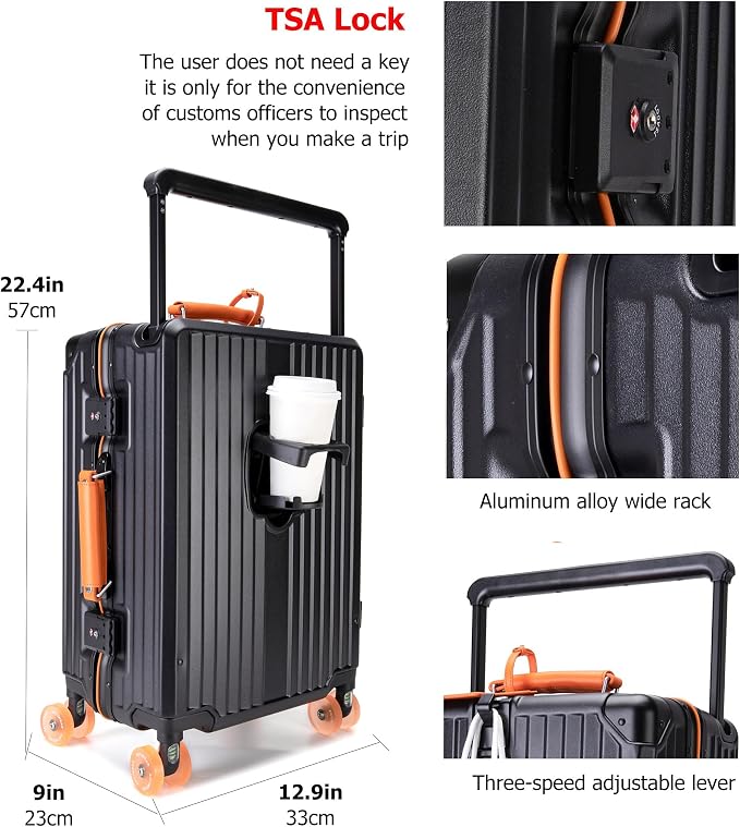 feilario 20" Aluminum Frame Wide Handle Hard Shell Carry On Suitcase - Image 4