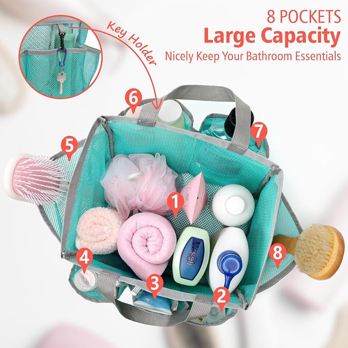 F-color Mesh Shower Caddy Portable, Upgrade Deeper 7 Pockets Shower Bag Basket - Image 2