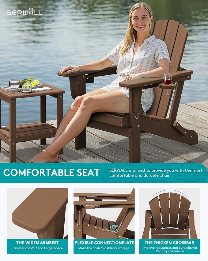 SERWALL Folding Adirondack Chair, Dual Cup Holders & All-Weather HDPE, - Image 7