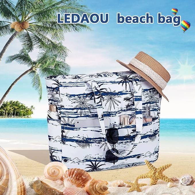 LEDAOU Large Beach Tote Bag Women Waterproof Sandproof Zipper Beach Tote Bag - Image 4