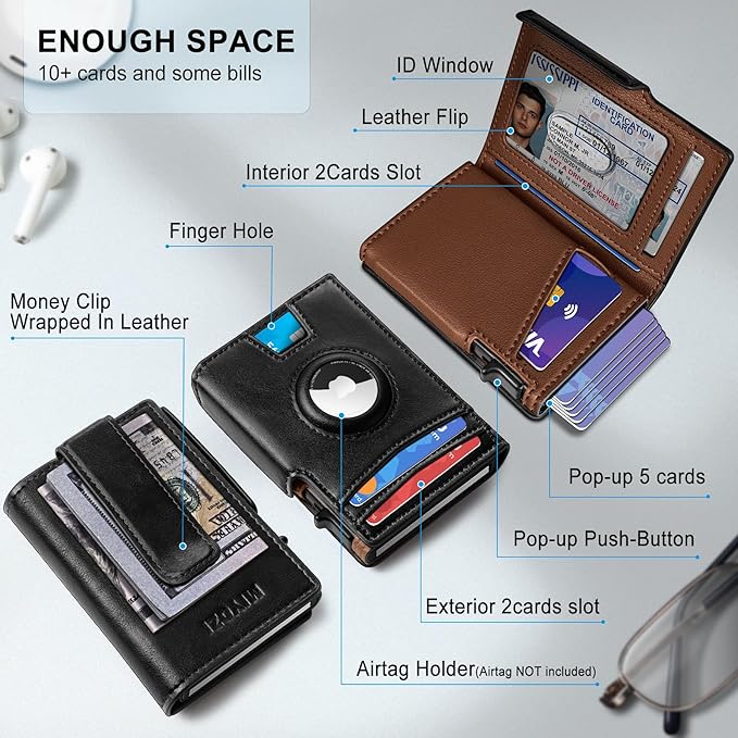 Airtag Wallet for Men, with Money Clip 10 Cards Metal Case Smart Slim Pop Up - Image 2