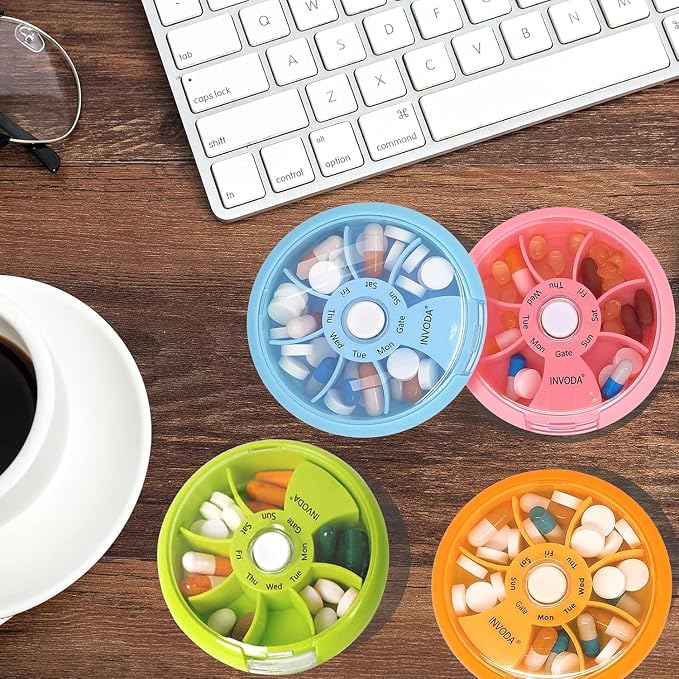 12PCS INVODA Weekly Pill Organizer 7 Compartment Rotating Pill Box - Image 8
