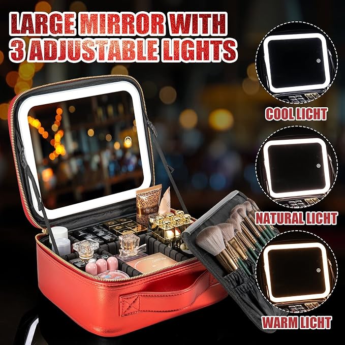 Makeup Travel Train Case with Mirror LED Light 3 Adjustable Brightness Large - Image 4