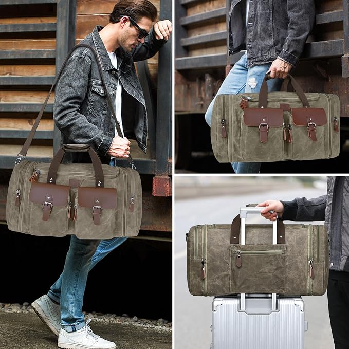 Waxed Canvas Duffle Bag for Men 50L Travel Duffel Bags Expandable Genuine - Image 8