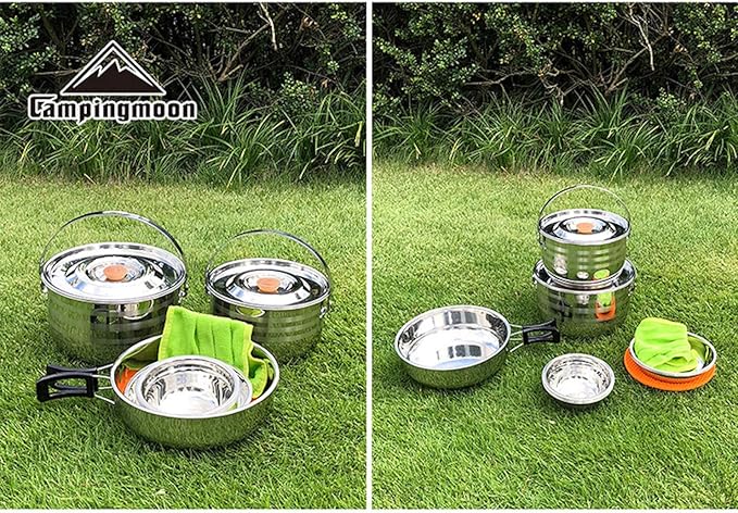 CAMPINGMOON Camping Cookware Set Stainless Steel Outdoor Nesting Cooking Mess - Image 6