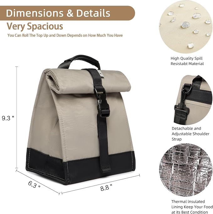 SUNNY BIRD Insulated Lunch Bag Rolltop Lunch Box Tote Bag - Image 4