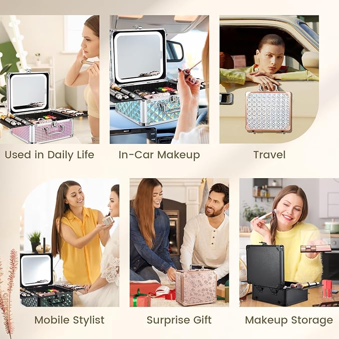 Makeup Case with Magnetic LED Mirror Travel Cosmetic Organizer Portable Makeup - Image 7