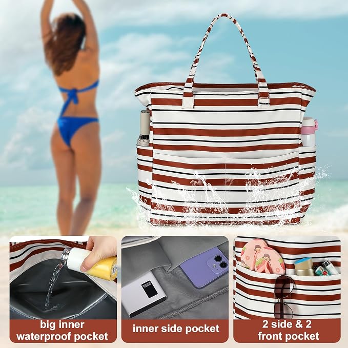 LEDAOU Large Beach Tote Bag Women Waterproof Sandproof Zipper Beach Tote Bag - Image 5
