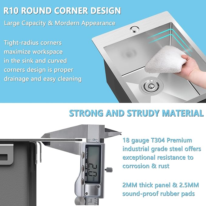 15x20 inch Drop in Bar Sink, 15 inch Small Kitchen Sink 18 Gauge Single Bowl - Image 4