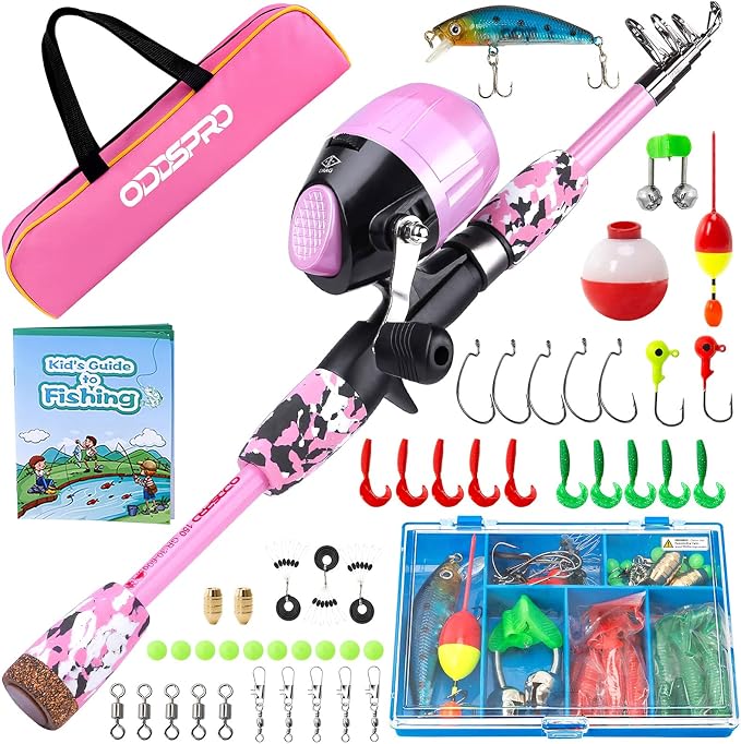 ODDSPRO Kids Fishing Pole Pink, Portable Telescopic Fishing Rod and Reel Combo by ODDSPRO