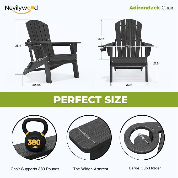 Folding Adirondack Chair, Ergonomic Extended Backrest, HDPE All-Weather - Image 2