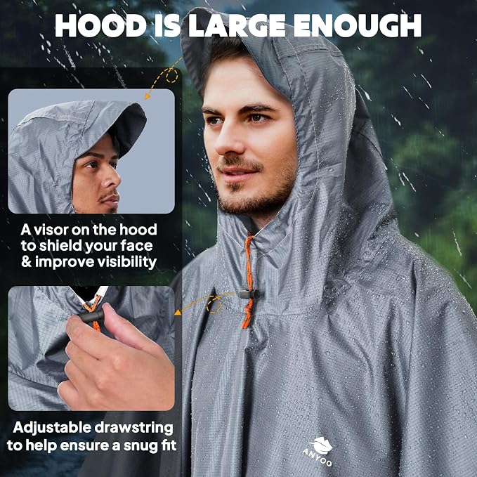 ANYOO Hooded Rain Poncho for Adults Waterproof Lightweight Rain Coat for Men - Image 4
