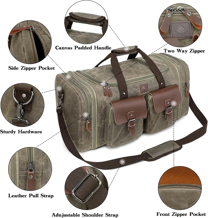 Waxed Canvas Duffle Bag for Men 50L Travel Duffel Bags Expandable Genuine - Image 4