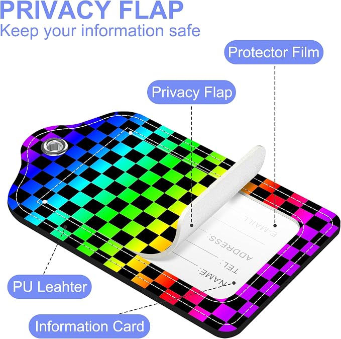 2 Pack Luggage Tags Rainbow Squares and Checkered Flag PU Leather Baggage Tag - Image 3