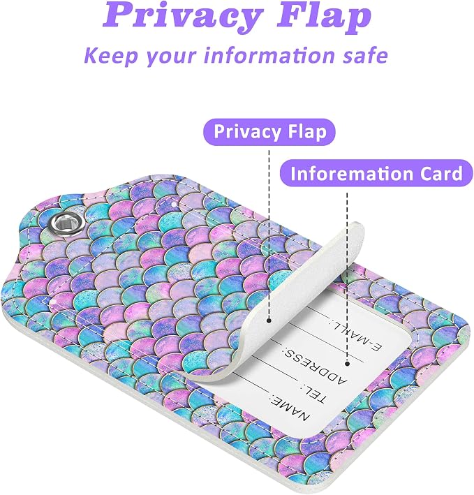 2 Pack Luggage Tags for Suitcase Watercolor Mermaid Fish Scale Wave Leather - Image 3