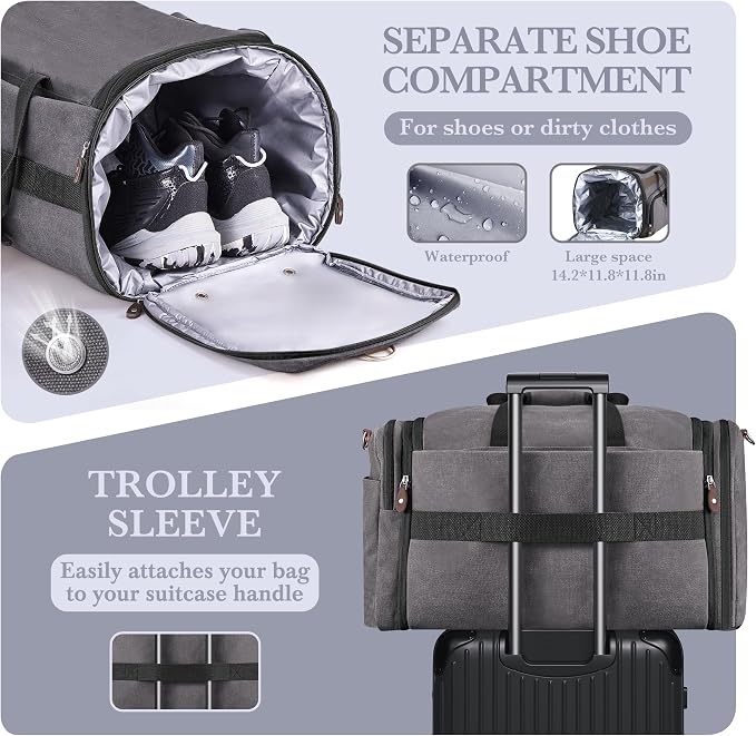 SHOWKOO Duffle Bag for Travel 60L Expandable Canvas Travel Bag Durable Vintage - Image 6