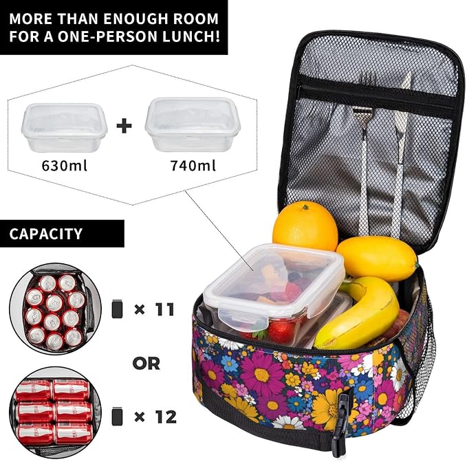 Floral Insulated Lunch Box for Women Men Floral Lunch Bag for Travel, or - Image 4