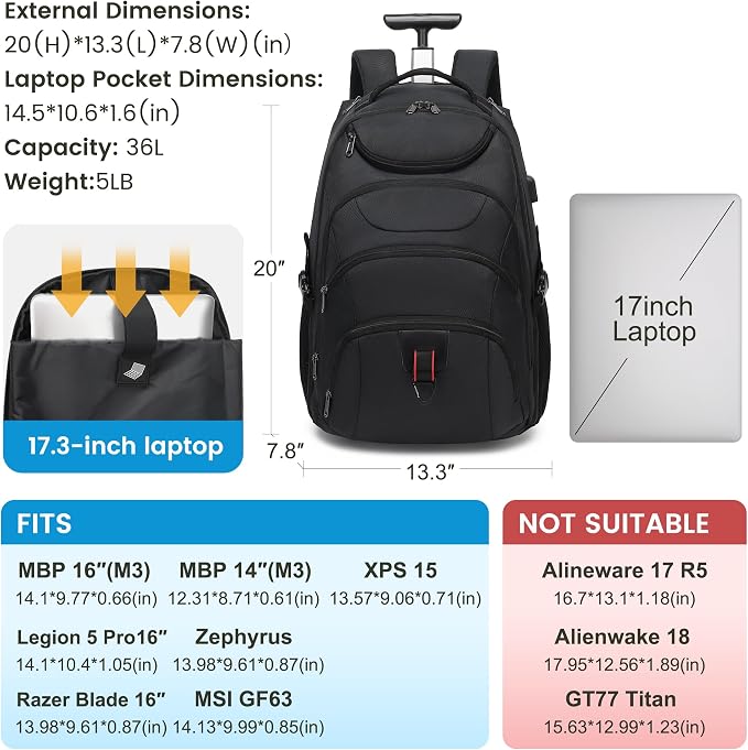 Boavan Rolling Backpack, 17 inch Water Resistant Wheeled Backpack, Carry on - Image 2