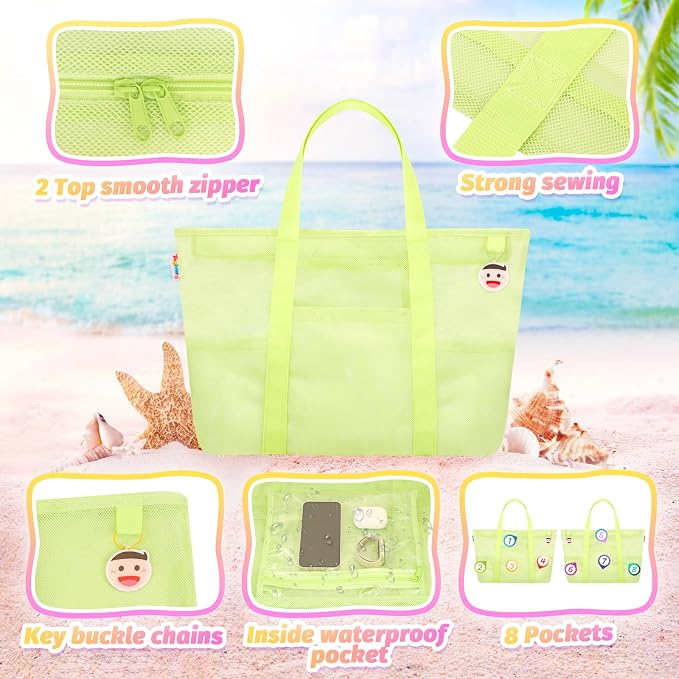 Tagitary Mesh Beach Bag with Zipper Large Beach Tote Waterproof Sandproof with - Image 4
