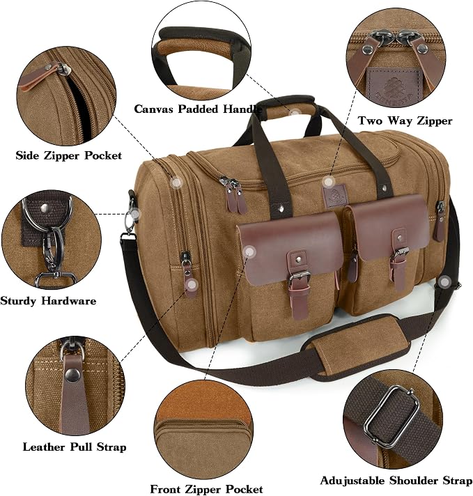 Canvas Duffle Bag for Men 60L Travel Duffel Bags Expandable Genuine Leather - Image 3