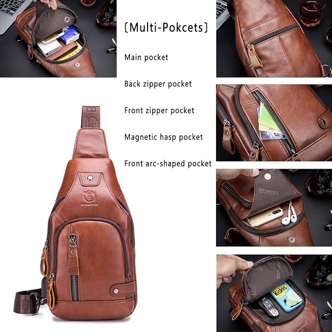 BULLCAPTAIN Leather Sling Bag Mens Chest Bag Casual Shoulder Crossbody Bags - Image 3