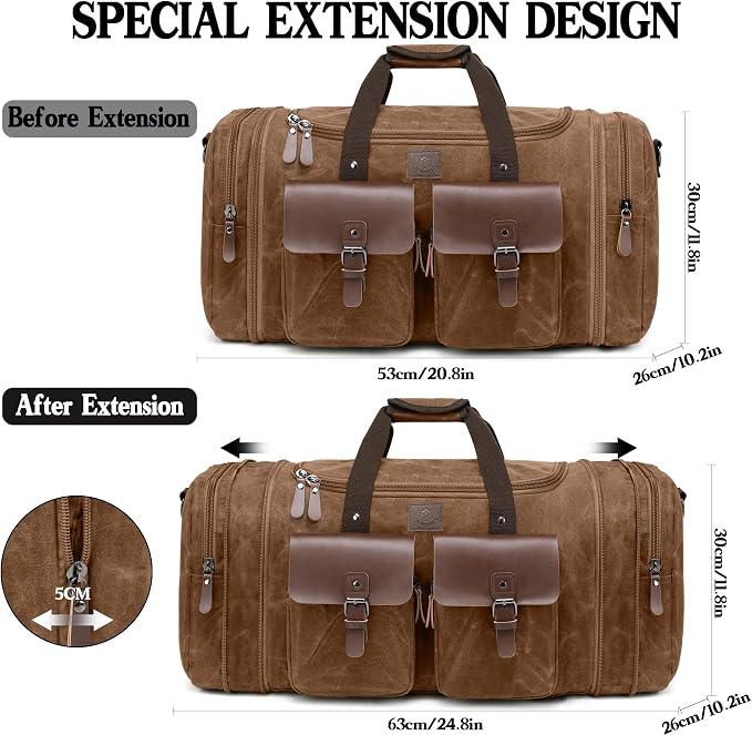 Waxed Canvas Duffle Bag for Men 50L Travel Duffel Bags Expandable Genuine - Image 2