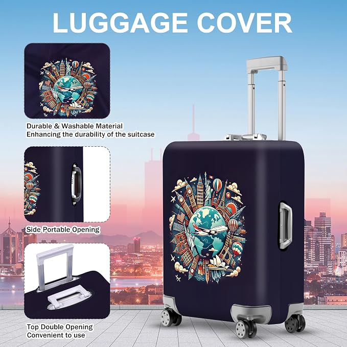 ANNA QUEEN World Landmarks Luggage Cover, Dark Travel-Themed Suitcase Protector - Image 3