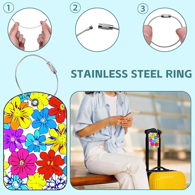 2 Pack Cute Luggage Tag for Suitcases Beautiful Bright Flowers Leather Luggage - Image 3