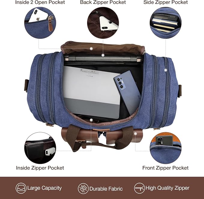 Wildroad 50L Travel Duffel Bag, Expandable Canvas Genuine Leather Duffle Bag - Image 3