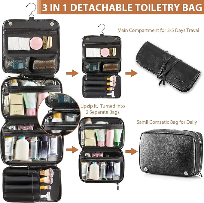Elviros Hanging Toiletry Bag Removable Travel Bag PU leather Makeup Cosmetic - Image 2