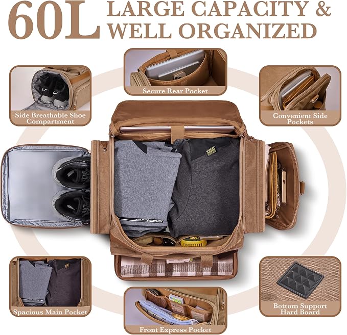 SHOWKOO Duffle Bag for Travel 60L Expandable Canvas Travel Bag Durable Vintage - Image 3